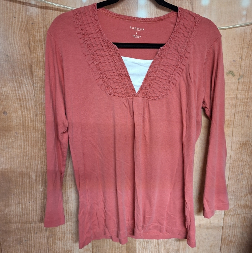 Van Heuson pink and white top size large